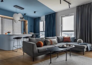 modern grey and navy living room