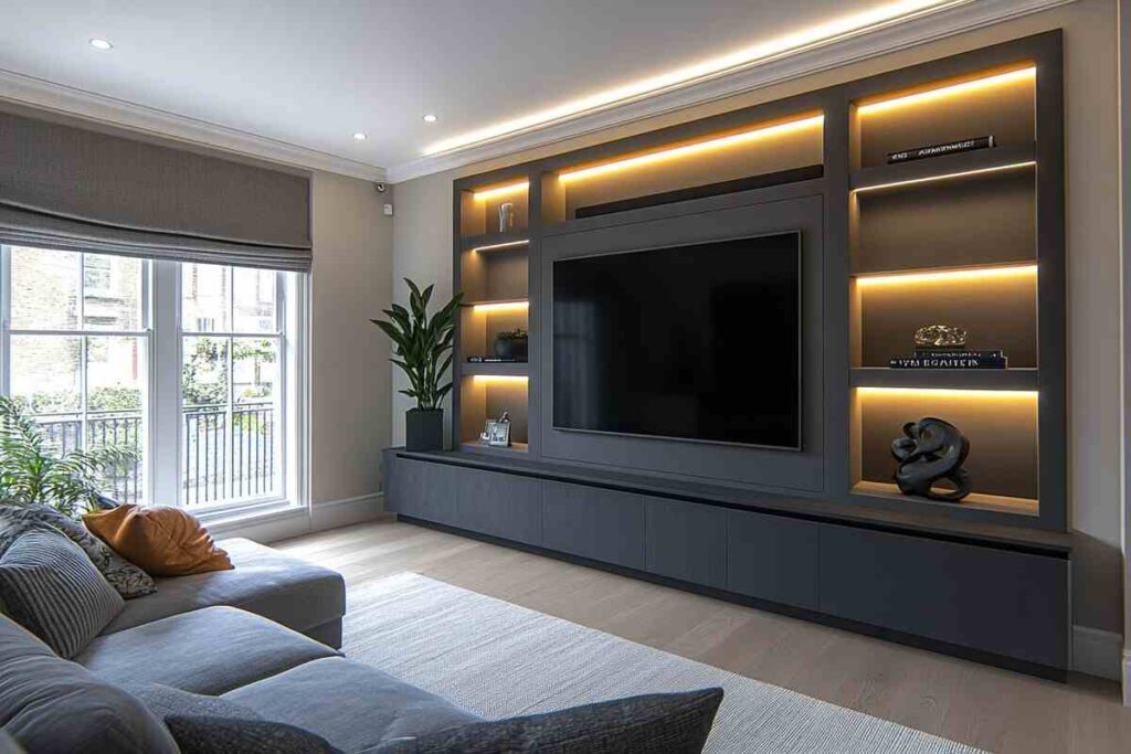 A grey wall with tv wall and sofa and wooden floor 