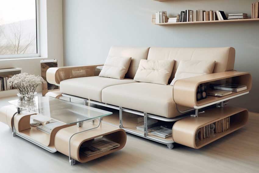 A grey living room with multi functional sofa and table