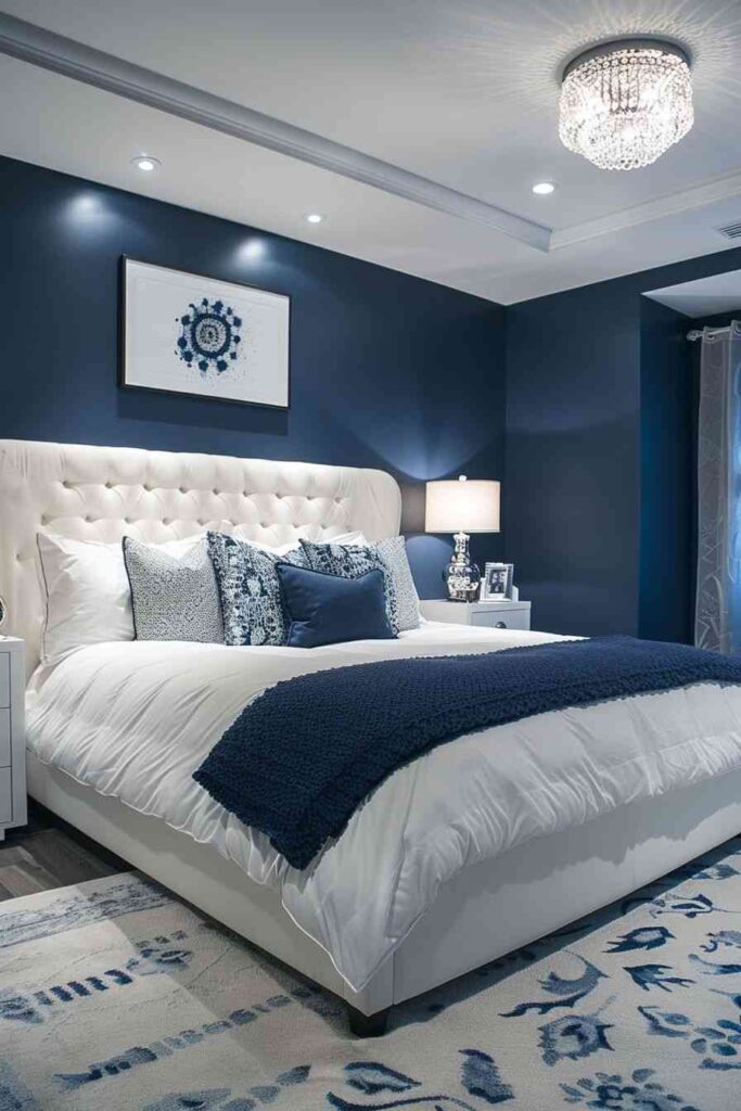 A navy bedroom with white bedding and grey celling and painting on the wall