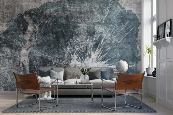 A grey and blue wallpaper in grey living room