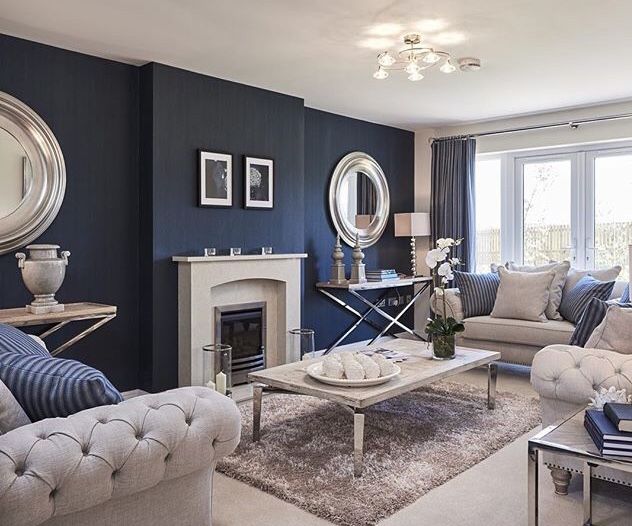 A navy blue living white celling and white windows
