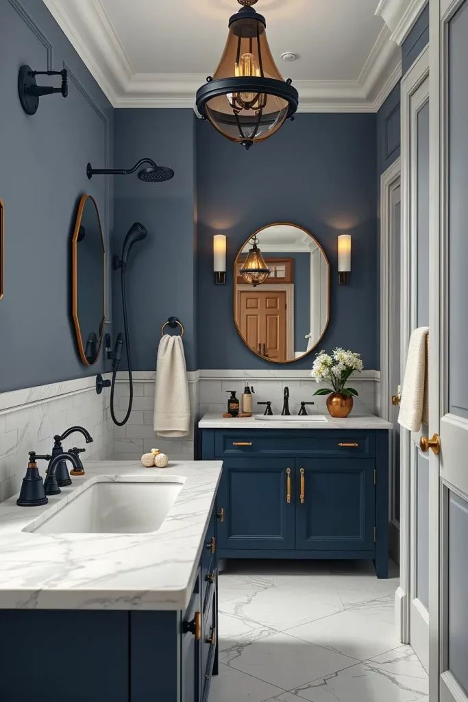 A navy blue bathroom with black fixtures and blue vanity with white counter top 