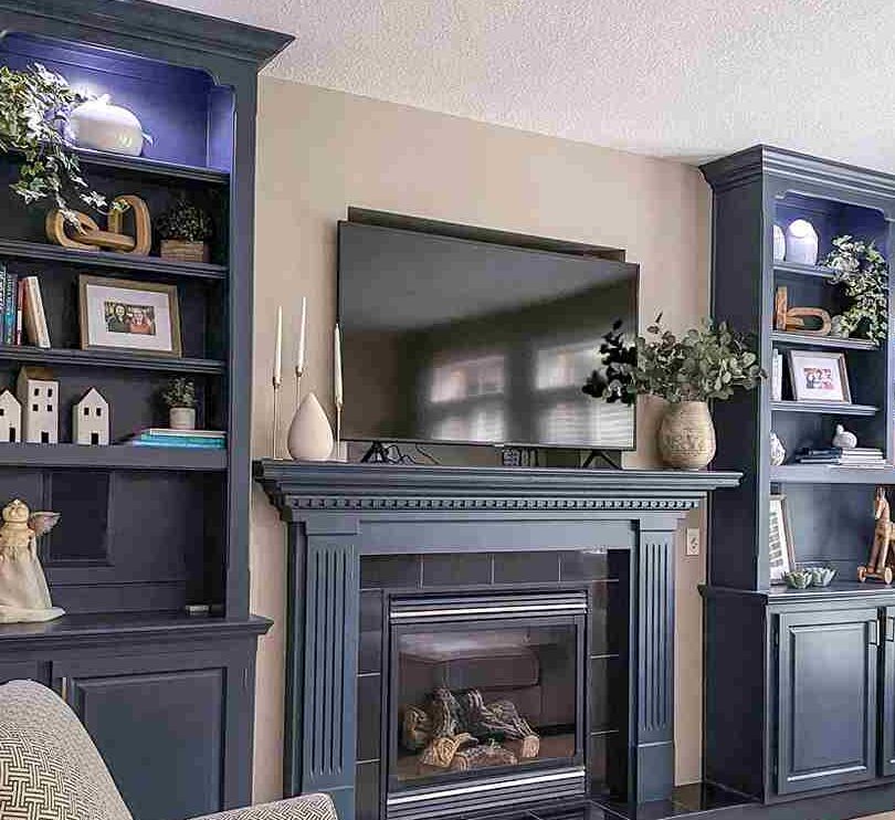 A navy blue built-ins in living room