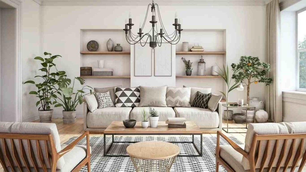 A living room with sofa and wooden table and metal accents