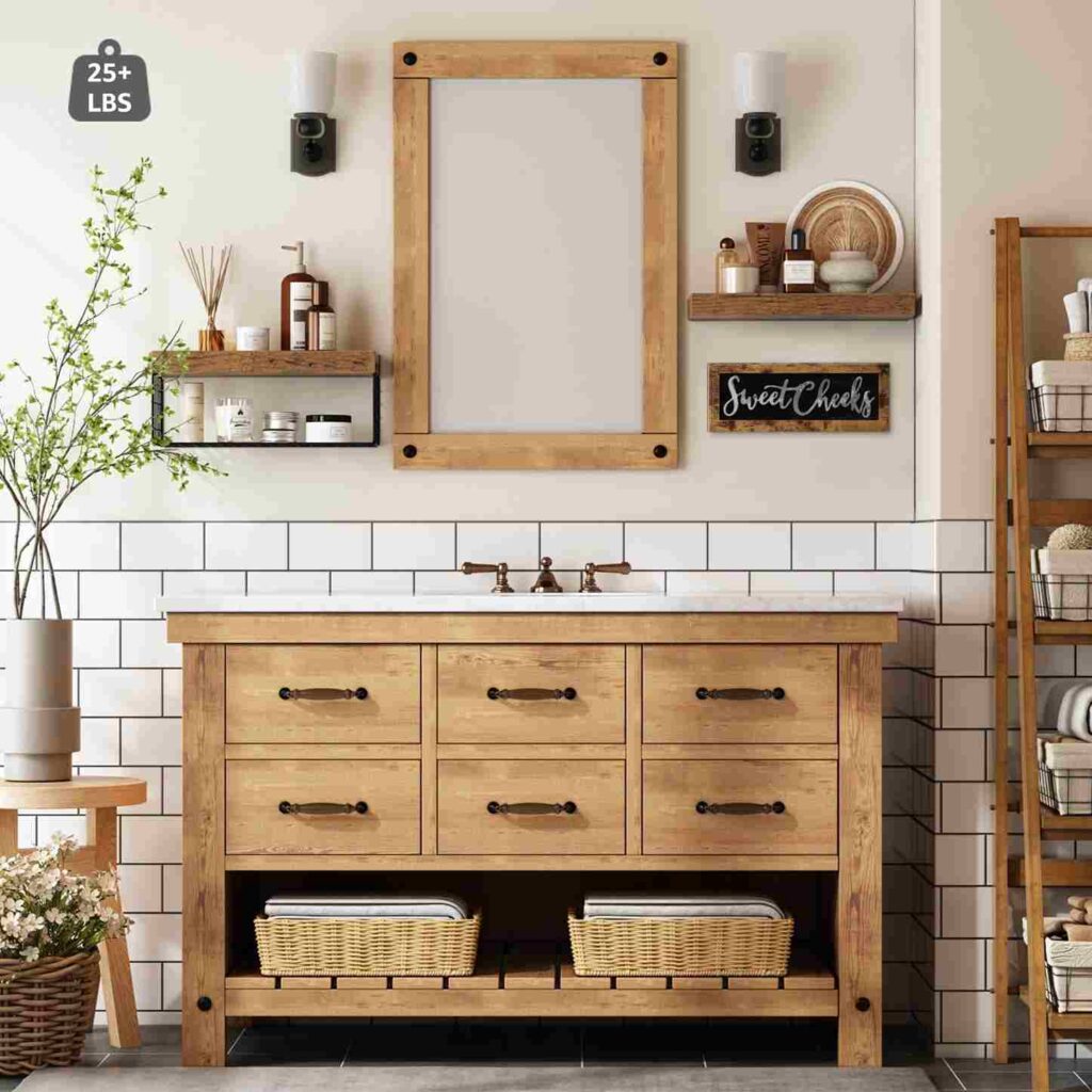 A bathroom with open shelves on the wall and wooden vanity