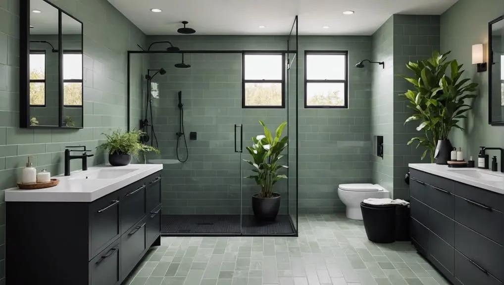 A green bathroom with black vanity and fixture