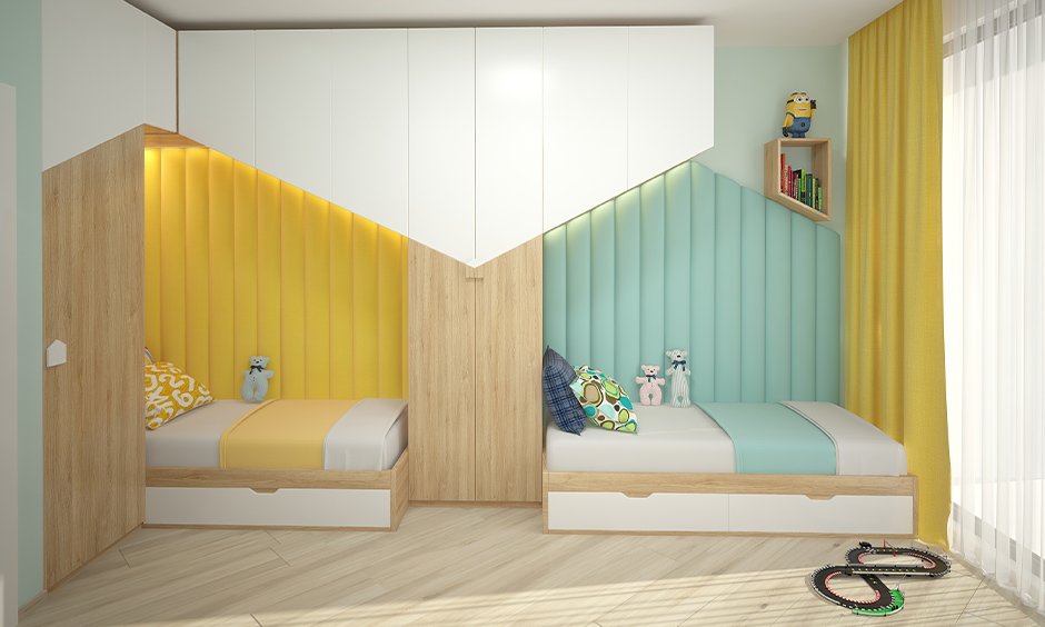 A two beds in divide color with lights and wooden floor