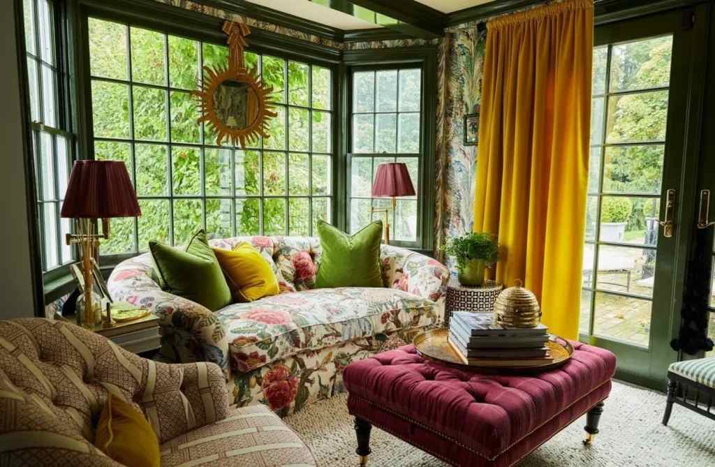 A sunroom with sofa with cushion  and lamp 