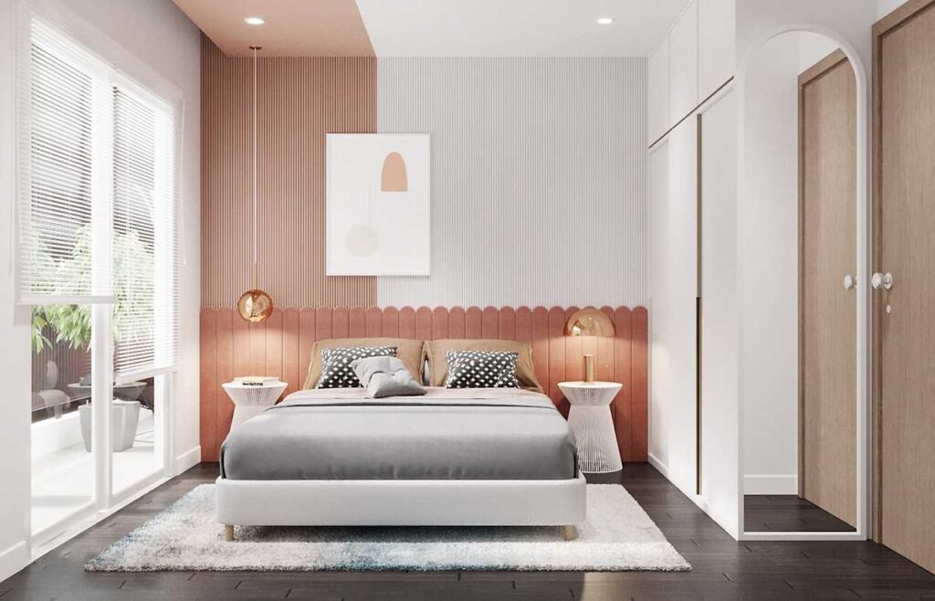 A pink and beige bedroom with bed and windows and lights