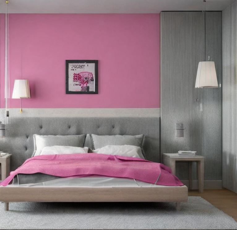 A pink and grey bedroom with grey bedding and grey pillow with lights on the wall