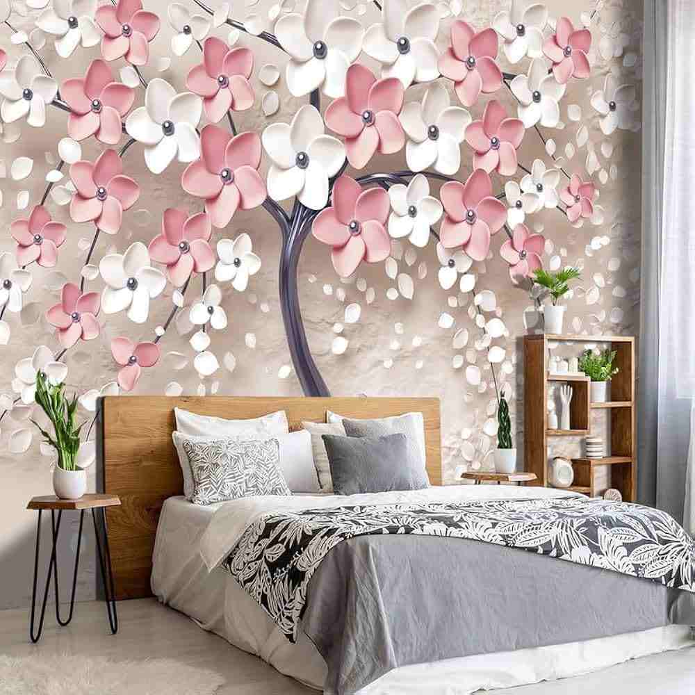 A pink and white wallpaper in bedroom with wooden bedding and grey and white blanket