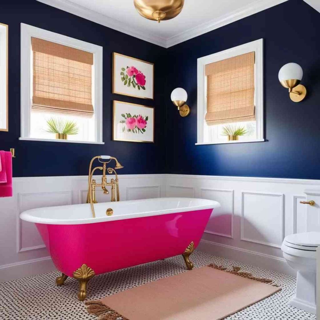 A bathroom with pink bathtub and fixtures on the wall 