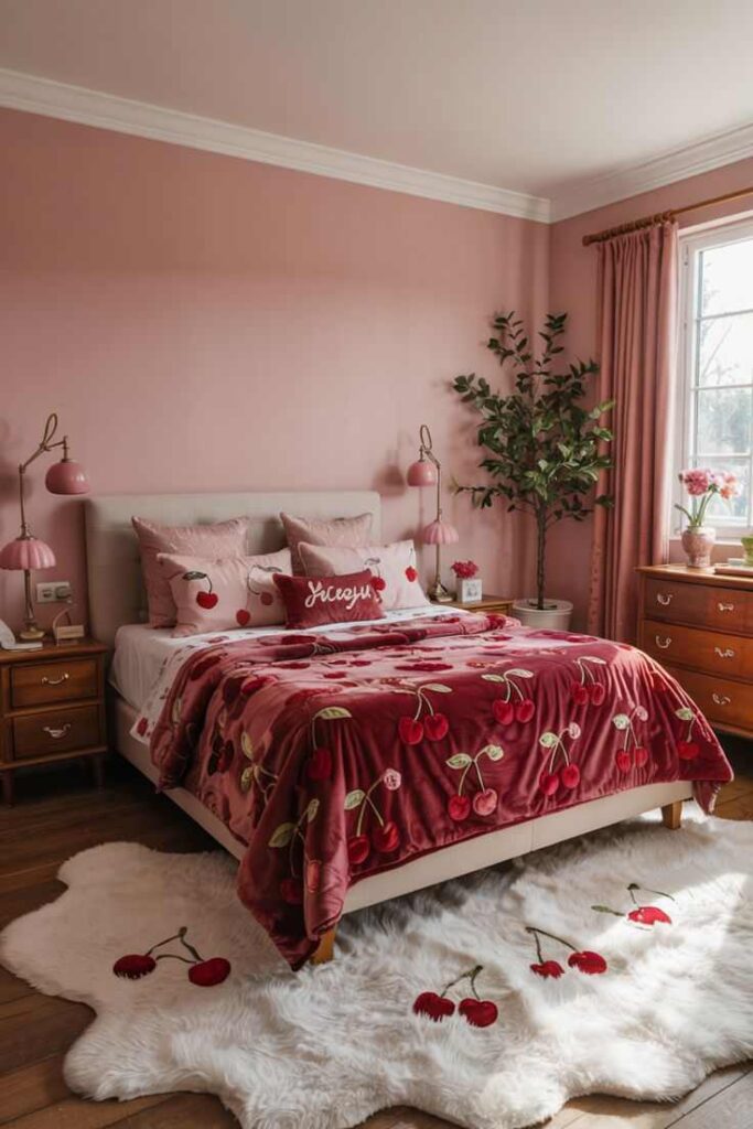 A pink bedroom with red accents and white rug on the floor