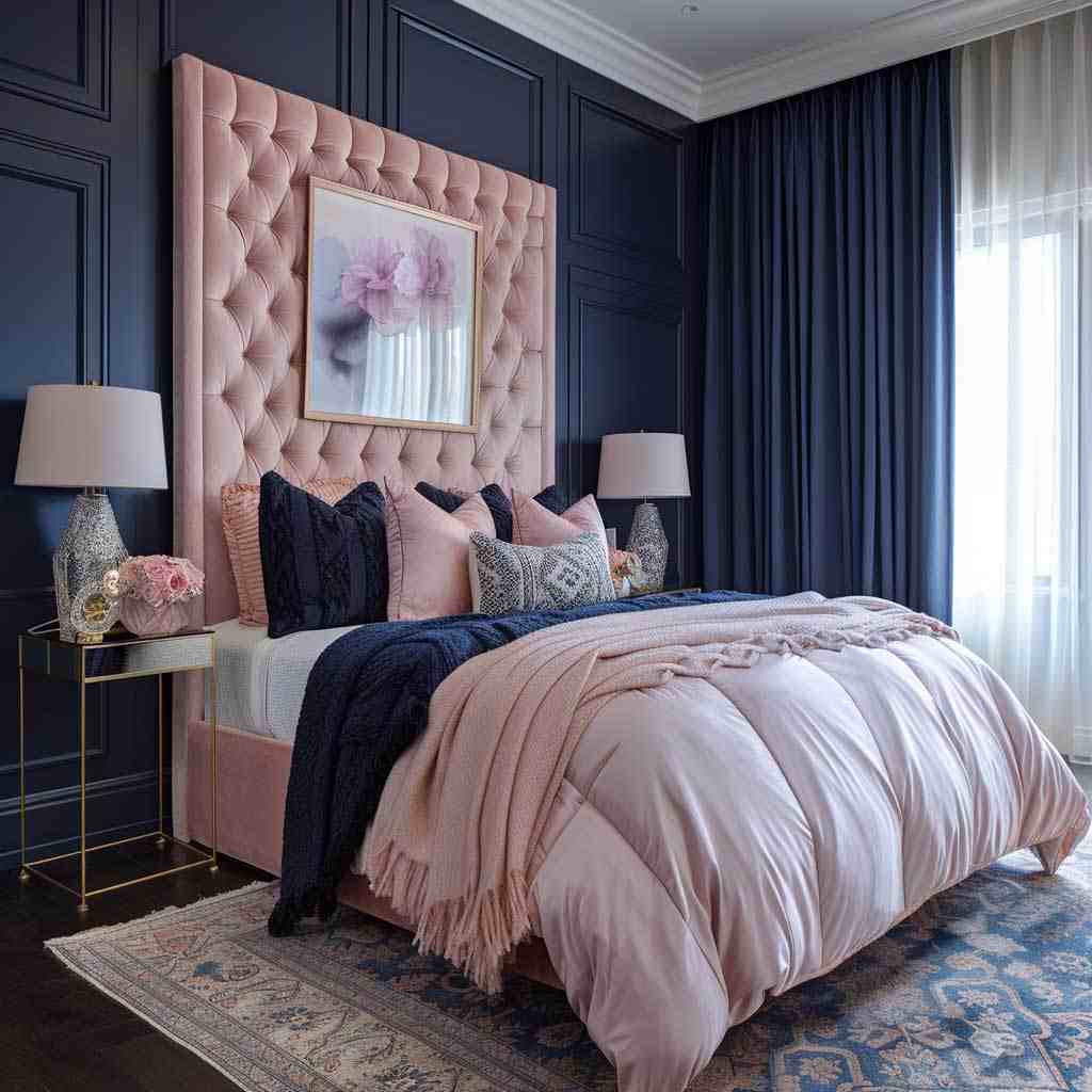 A navy blue and pink bedroom with pink bed and floor and rug on it
