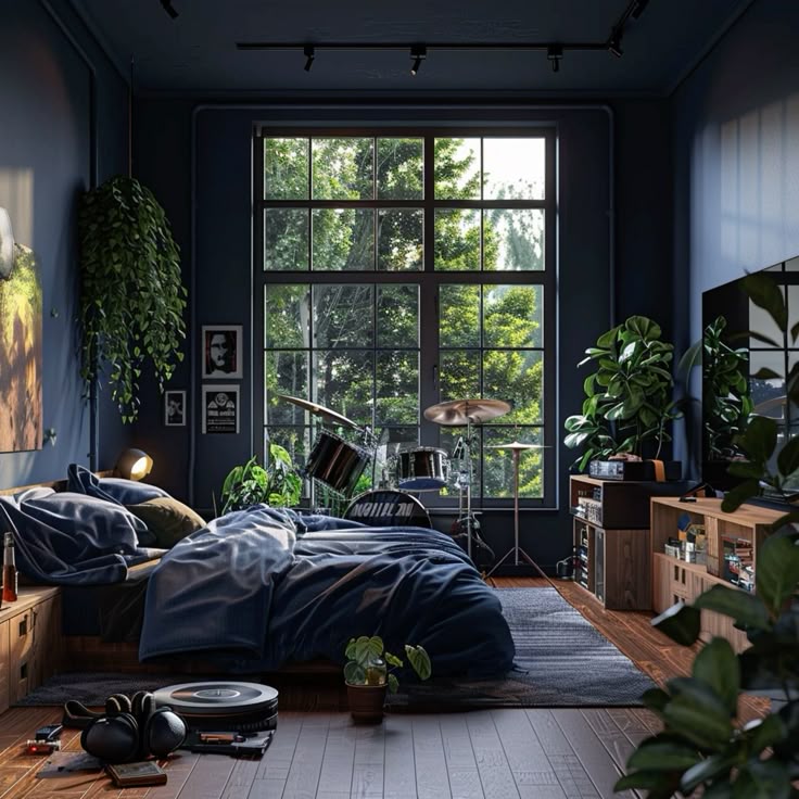 A blue bedroom with black windows and plants and wooden floor and rug on it