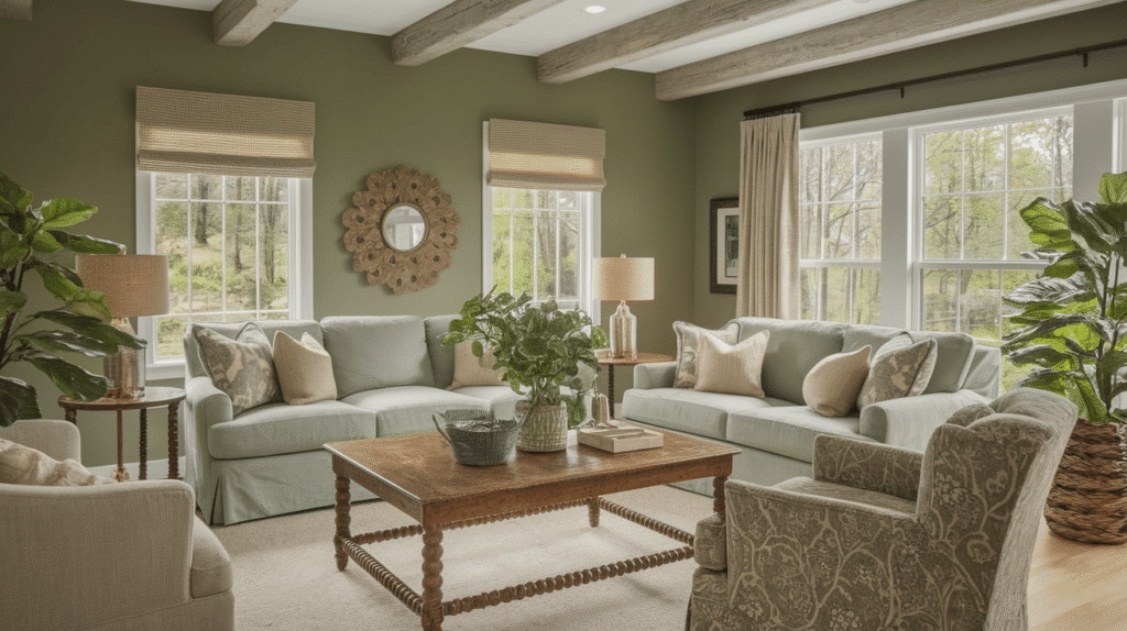 A sage green living room with wooden table and sofa with cushion and windows 
