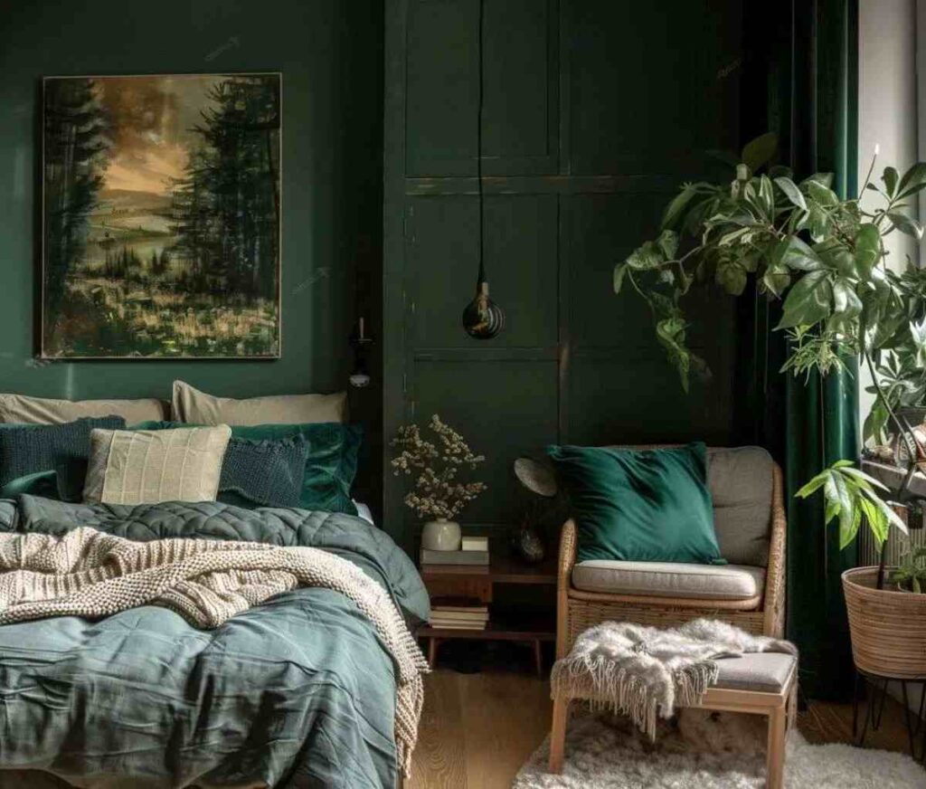 olive green bedroom with plants in the room and wooden floor 