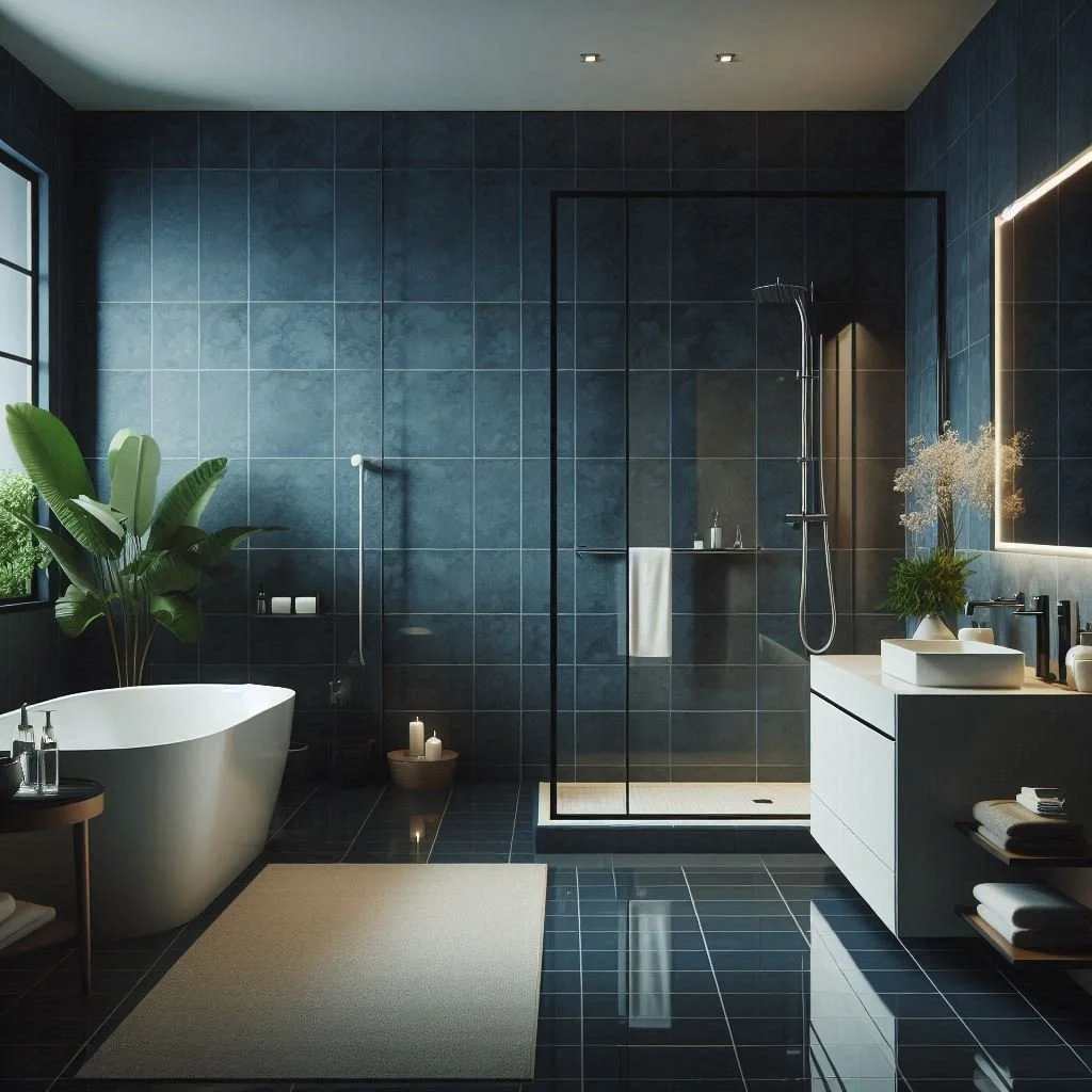 A bathroom with plants and white bathtub 