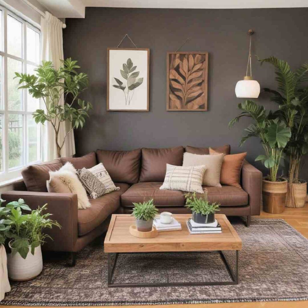 A grey and brown living room with plants and rug on the wooden floor 