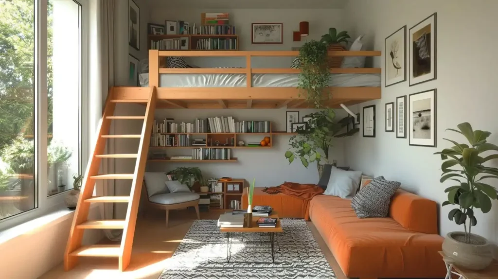 A terracotta loft bed with sitting area and plants and rug on the wooden floor 