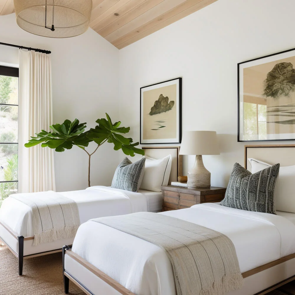 A bedroom with plants in the corner and lamp on the share nightstand and frames on the wall 