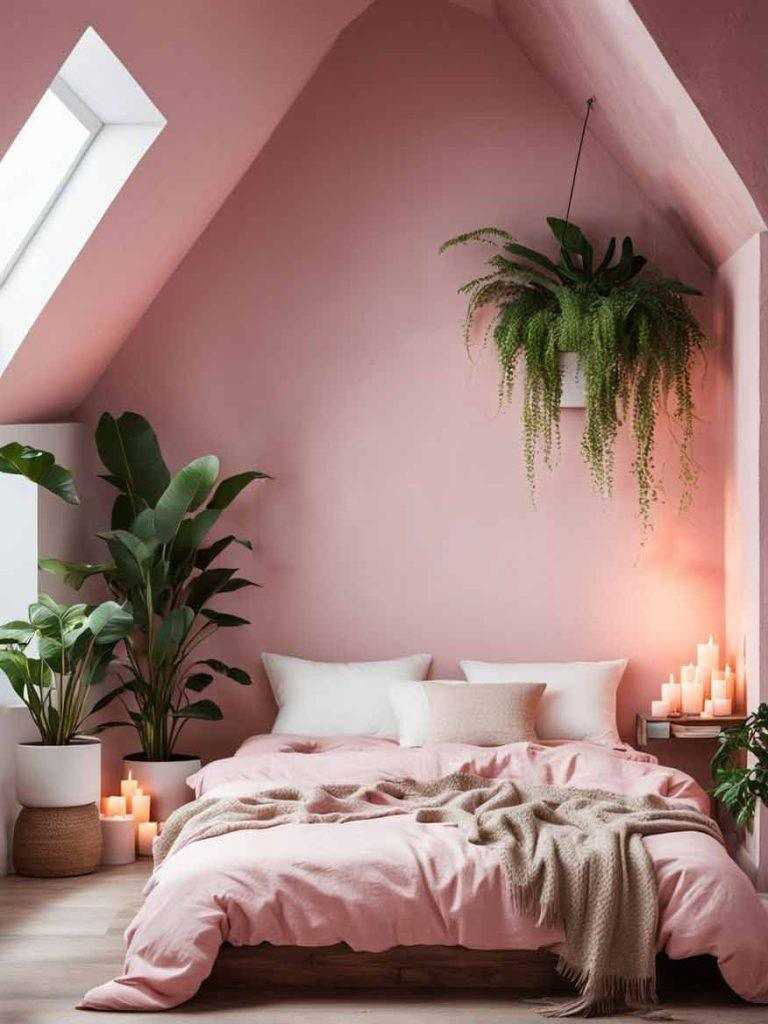 A pink bedroom with blanket and pillow on the bed and plants in corner