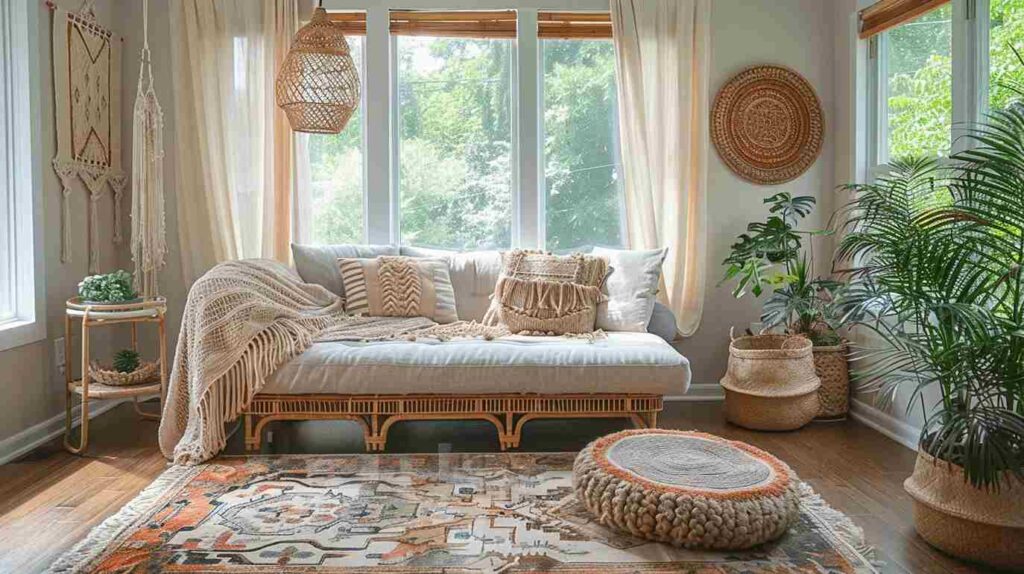 Rattan and boho sunroom with wooden floor and rug on it
