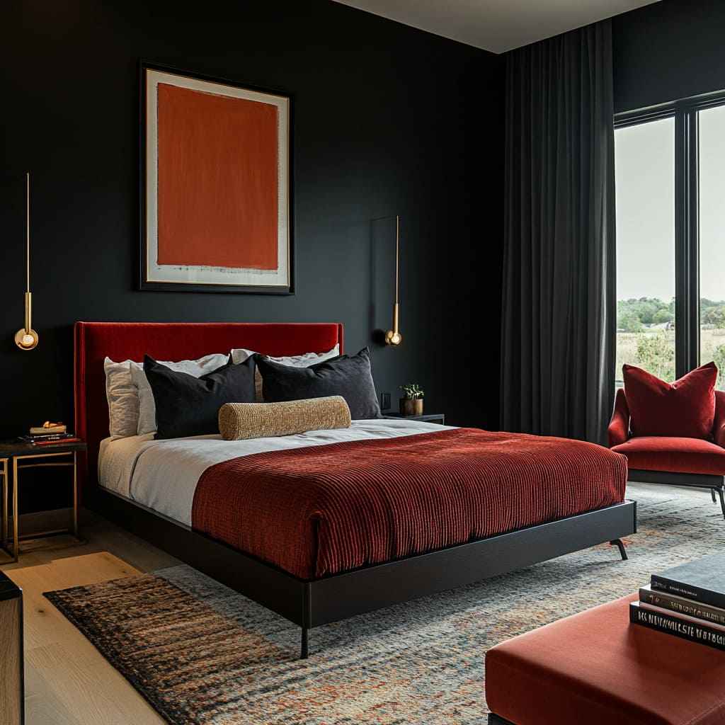 A charcoal and red bedroom with black curtains and windows and gold accents