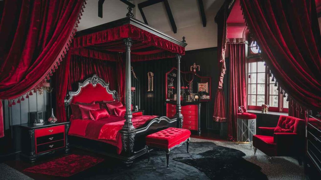 A red and black bedroom with bed and chair and nightstand and windows