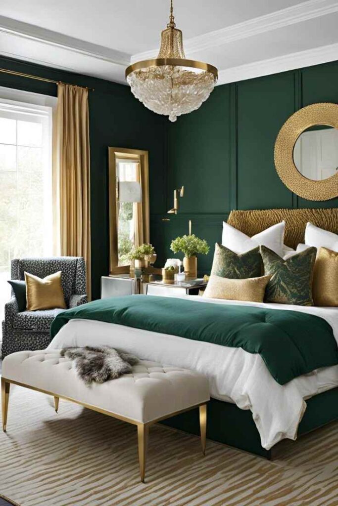 A green bedroom with gold framed mirror on the wall 