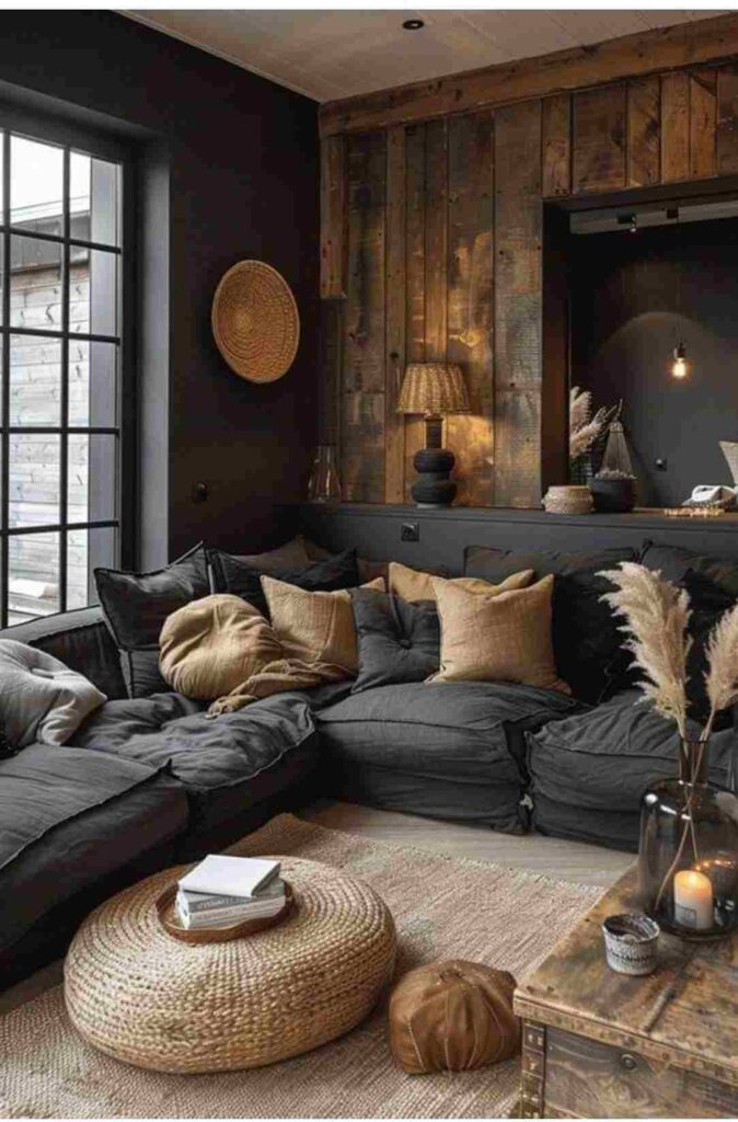 A living room with wooden floor and rustique decor and lamp 