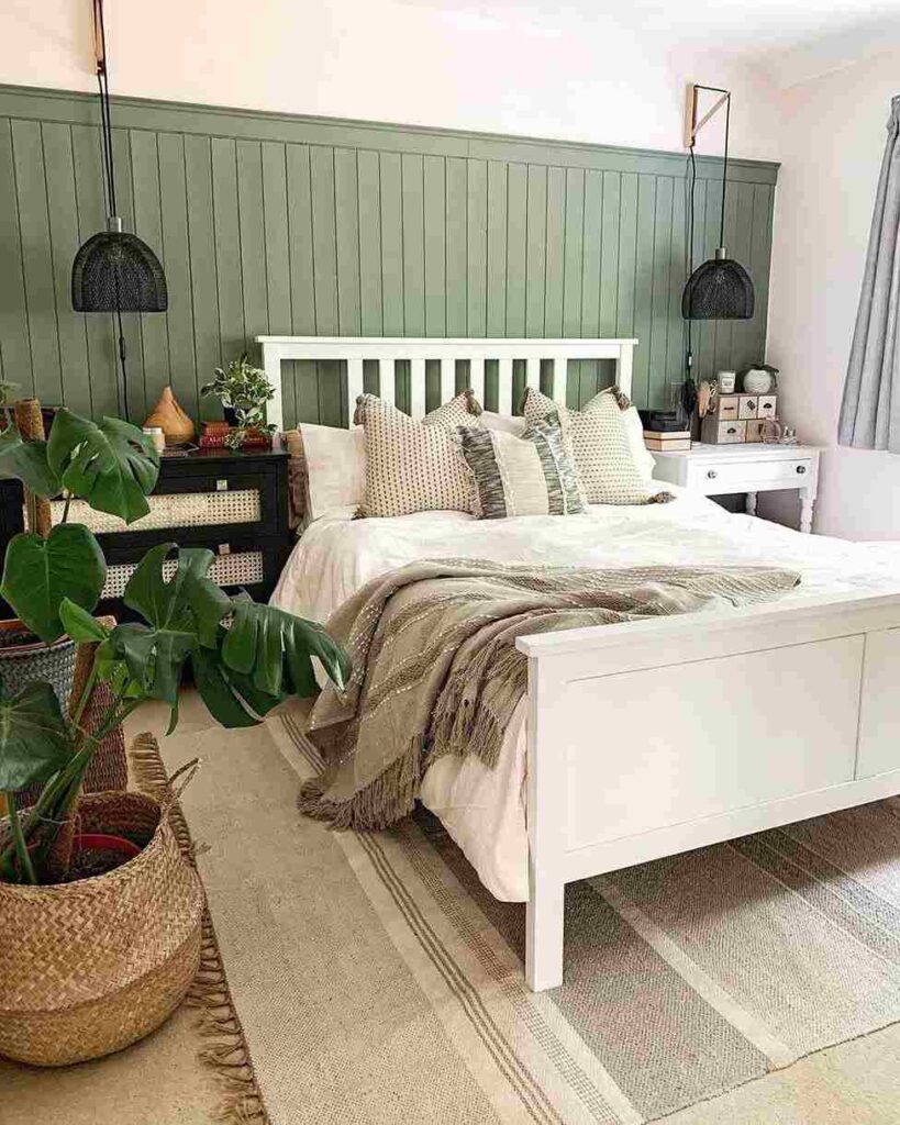 A sage and white bedroom with wooden floor and rug on it 