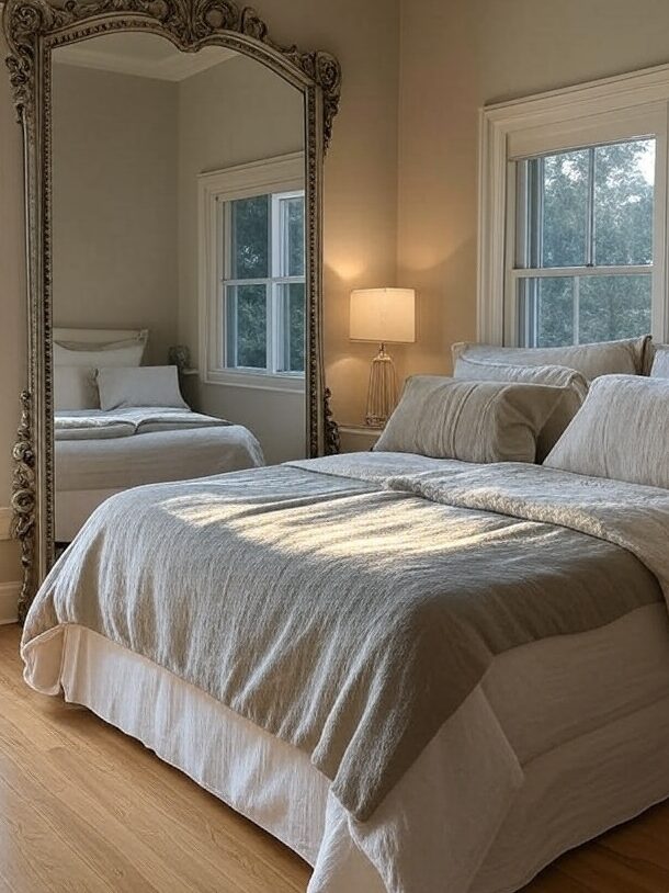 A sage green bedroom with mirror on the wall and lamp