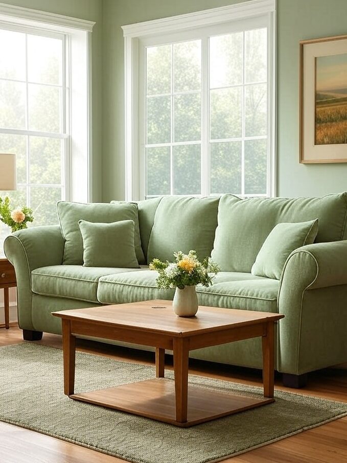 A sage green living room with wooden table and vase on it 