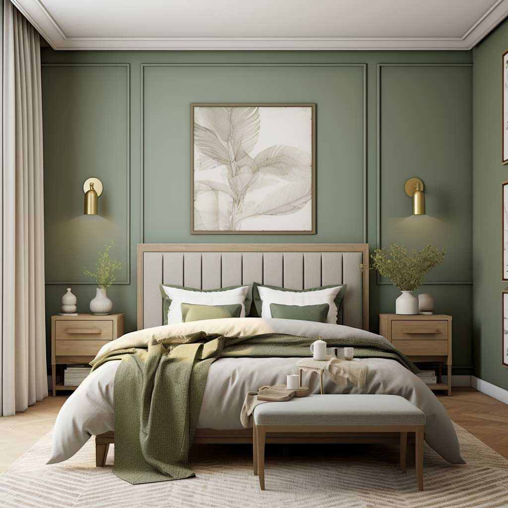 A sage green bedroom with accents wall and frame on the wall and brass fixture