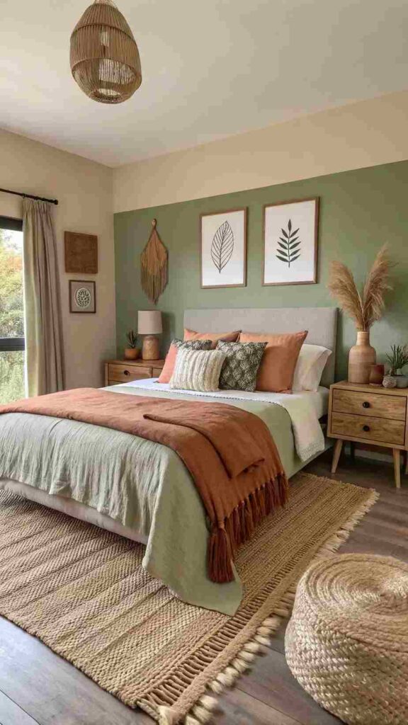 A sage green bedroom with beige jute rug on wooden floor