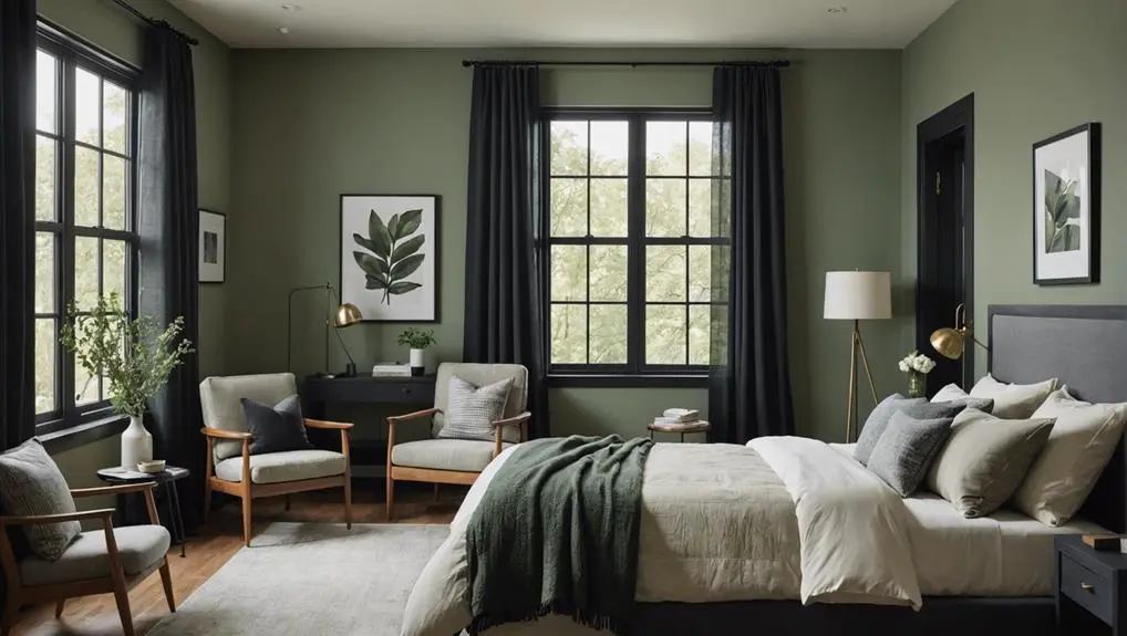 A sage green bedroom with black curtains and windows and frames on the wall