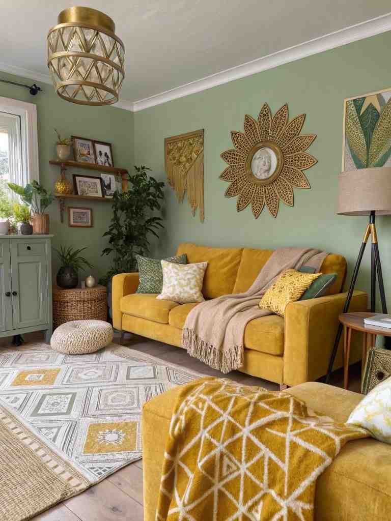 A sage green living room with yellow accent and gold accents on the wall 