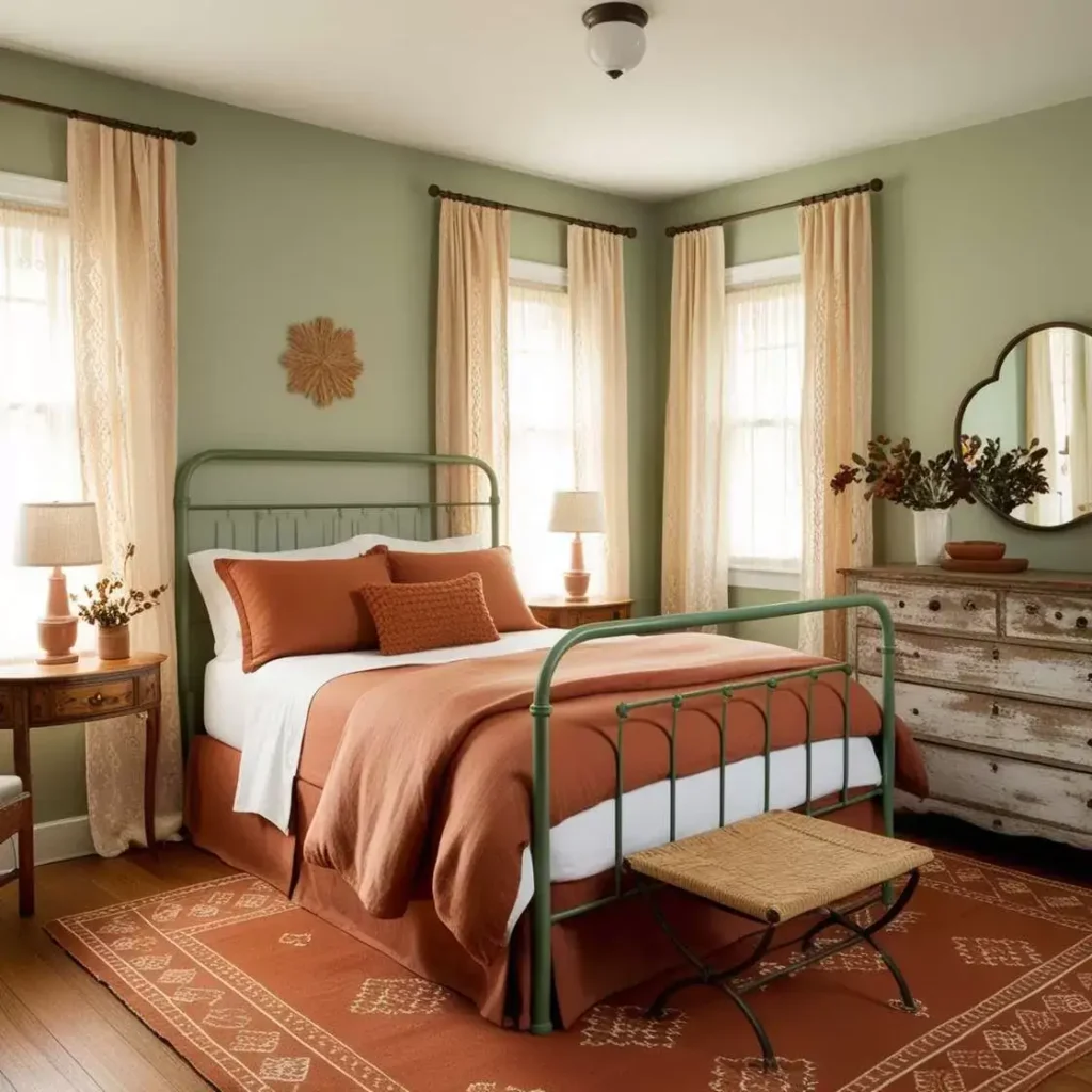 A sage green bedroom with terracotta accents and green iron bed 