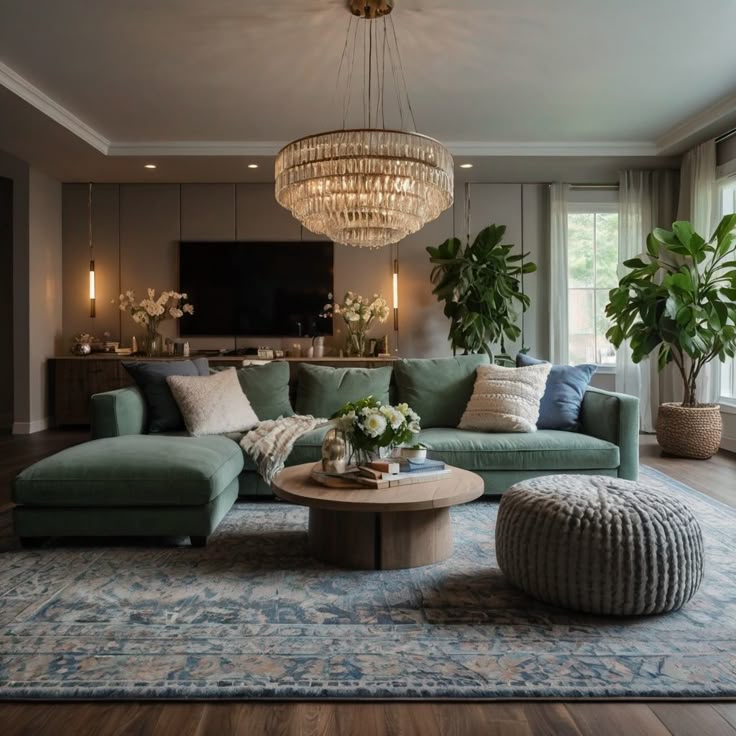 A sage green living room with crystal chandelier and sofa and cushion 