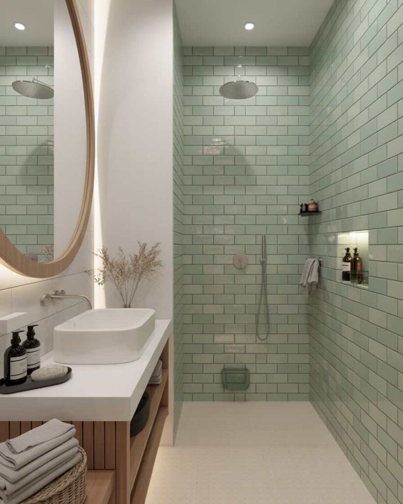 A sage green bathroom with subways tiles and mirror on the wall 