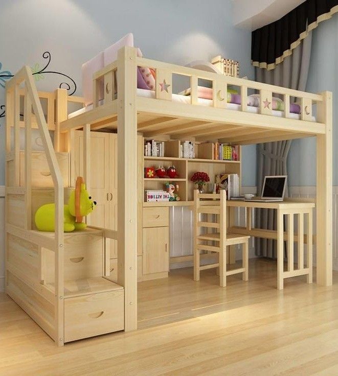 A semi loft bed with wooden floor