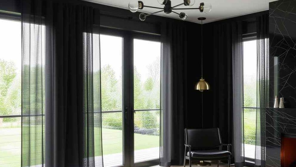  sheer curtain in living room with glass windows 