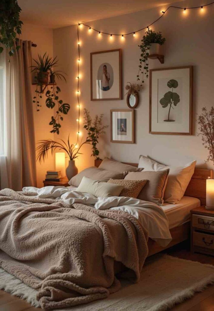 A cozy bedroom with lights and frames on the wall and beige blanket and pillow and cushion on the bed