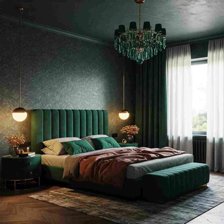 A green bedroom with lights above the wall and rug on the floor 