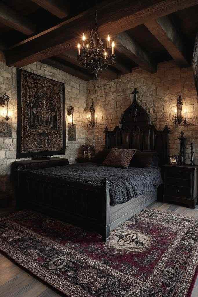 A gothic bedroom with stone wall and wooden floor and rug on it