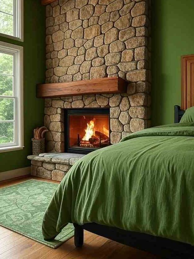 A green bedroom with stone fireplace in bedroom with wooden floor 