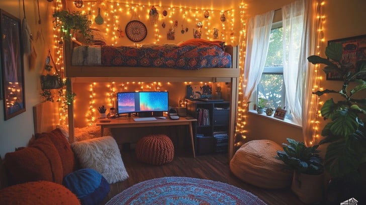A loft bed bedroom with hang string light and study table wooden floor with rug 