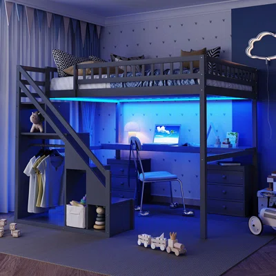 A loft bed with led strip and study table